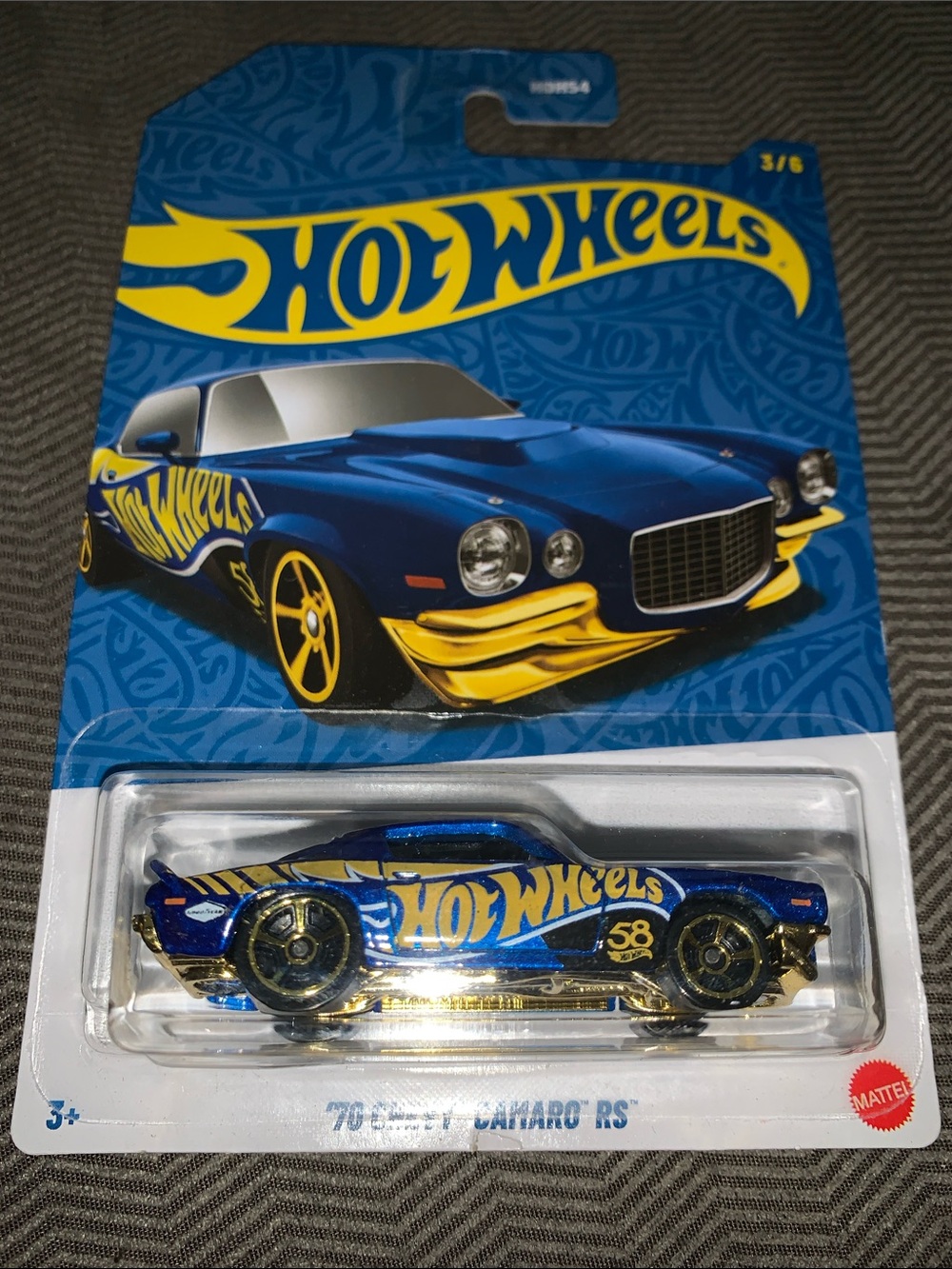 70s Chevy Camaro RS - Hot Wheels Blue & Gold Die-Cast Car